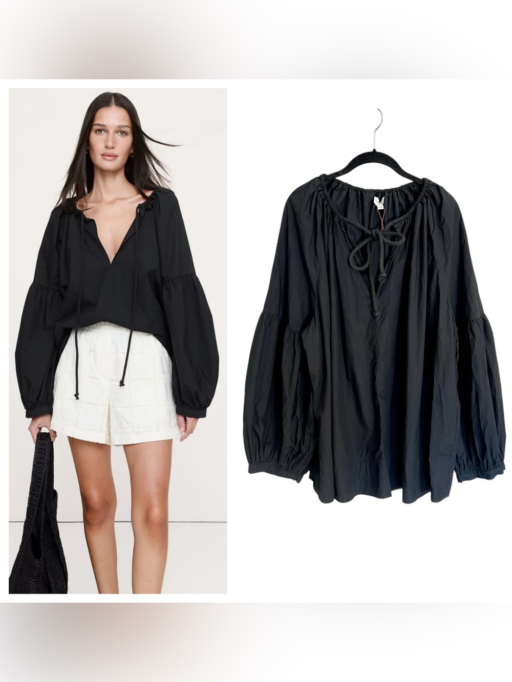New Banana Republic black cotton poplin drawstring top oversized fit sz XL